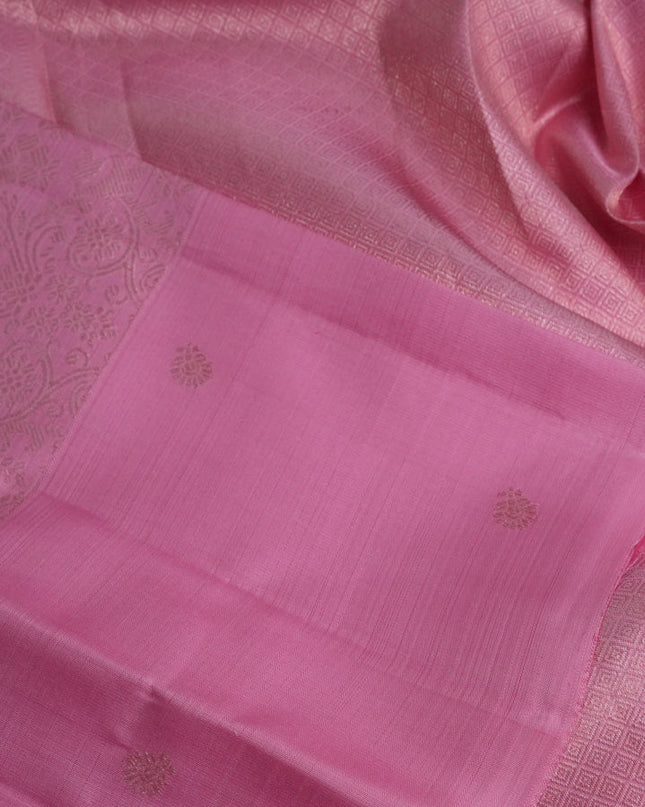 Pure kanchipuram silk saree light pink with allover zari woven brocade weaves and zari woven butta border