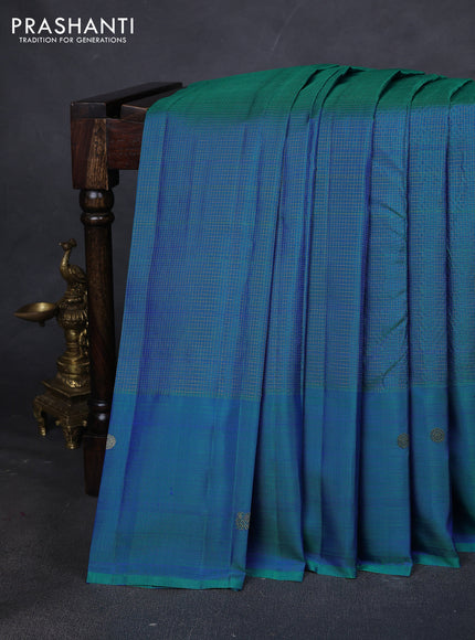 Pure kanchipuram silk saree teal blue with allover small zari checked pattern and zari woven butta border
