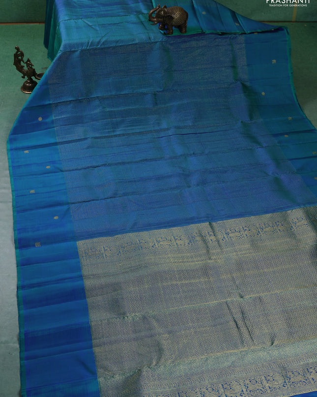Pure kanchipuram silk saree teal blue with allover small zari checked pattern and zari woven butta border