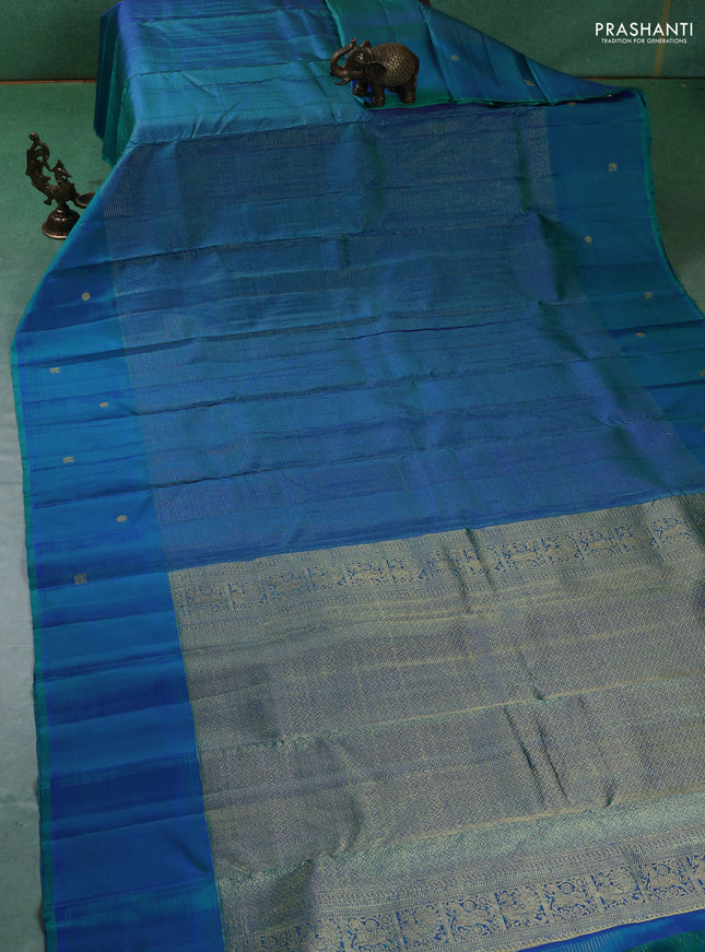 Pure kanchipuram silk saree teal blue with allover small zari checked pattern and zari woven butta border
