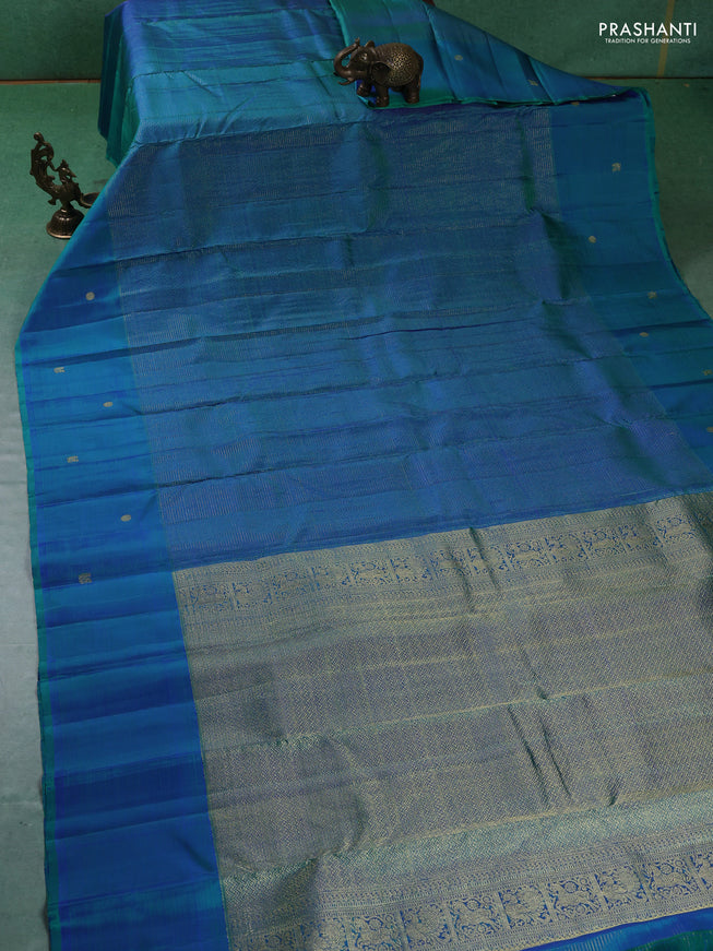 Pure kanchipuram silk saree teal blue with allover small zari checked pattern and zari woven butta border