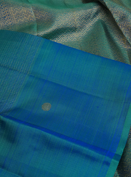 Pure kanchipuram silk saree teal blue with allover small zari checked pattern and zari woven butta border