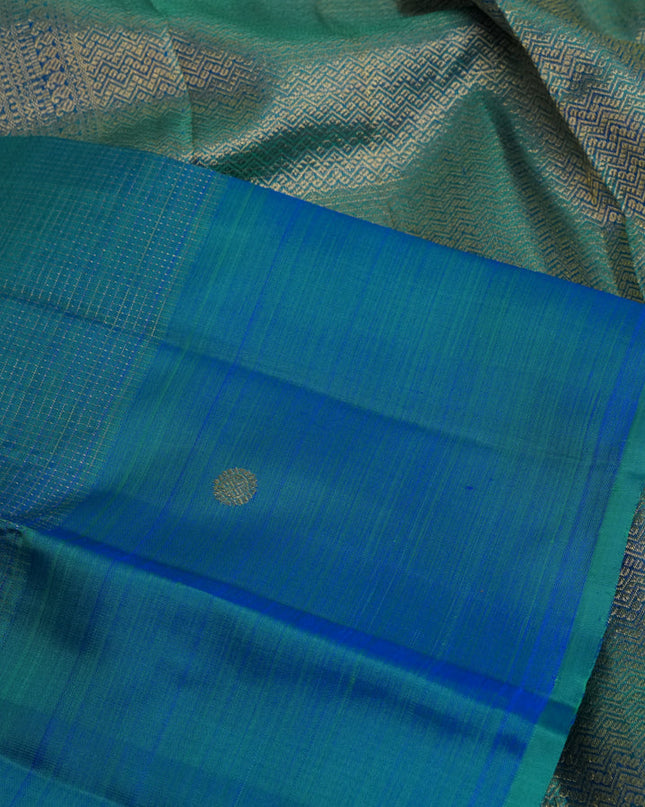 Pure kanchipuram silk saree teal blue with allover small zari checked pattern and zari woven butta border