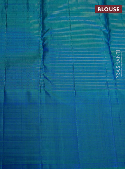 Pure kanchipuram silk saree teal blue with allover small zari checked pattern and zari woven butta border