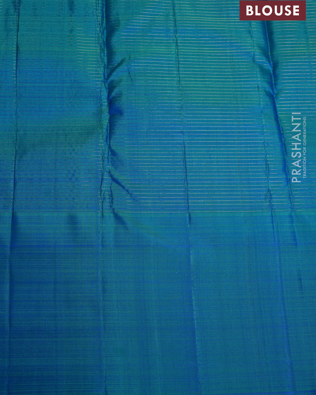 Pure kanchipuram silk saree teal blue with allover small zari checked pattern and zari woven butta border