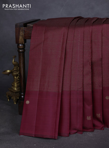 Pure kanchipuram silk saree maroon with allover small zari checked pattern and zari woven butta border