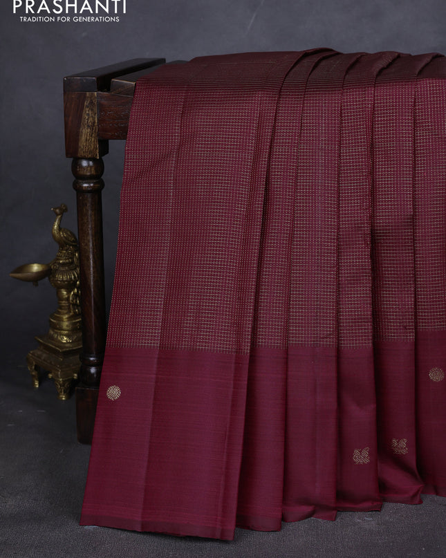 Pure kanchipuram silk saree maroon with allover small zari checked pattern and zari woven butta border
