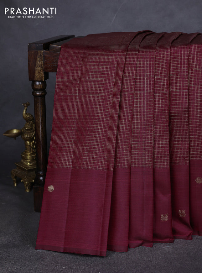 Pure kanchipuram silk saree maroon with allover small zari checked pattern and zari woven butta border
