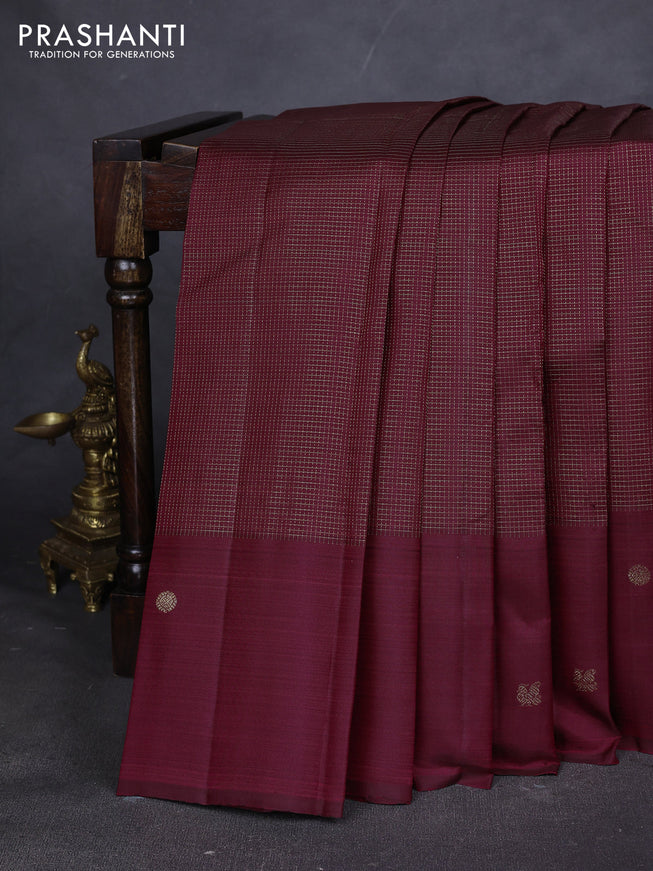 Pure kanchipuram silk saree maroon with allover small zari checked pattern and zari woven butta border