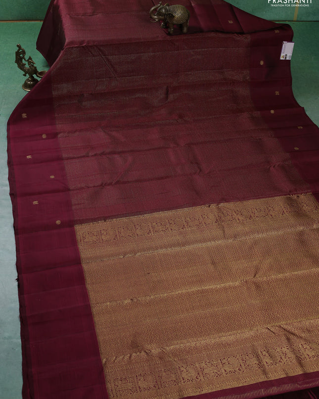 Pure kanchipuram silk saree maroon with allover small zari checked pattern and zari woven butta border