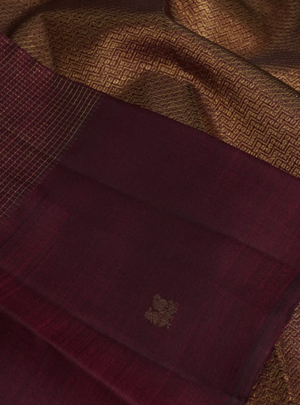 Pure kanchipuram silk saree maroon with allover small zari checked pattern and zari woven butta border