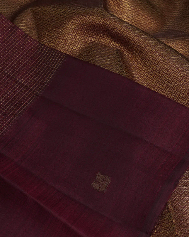 Pure kanchipuram silk saree maroon with allover small zari checked pattern and zari woven butta border