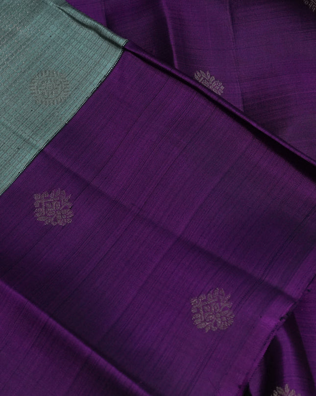 Pure kanchipuram silk saree pastel blue and purple with allover zari checks & buttas and zari woven butta border