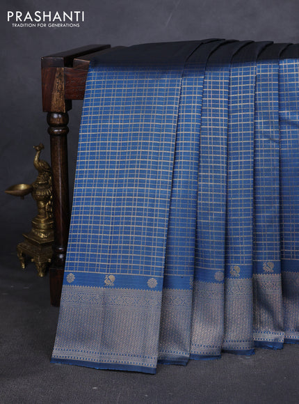 Pure kanchipuram silk saree peacock blue with allover zari checks and zari woven border