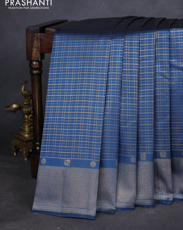 Pure kanchipuram silk saree peacock blue with allover zari checks and zari woven border