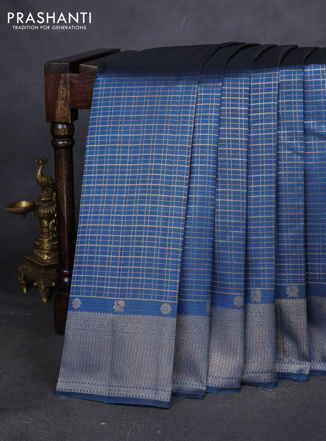 Pure kanchipuram silk saree peacock blue with allover zari checks and zari woven border