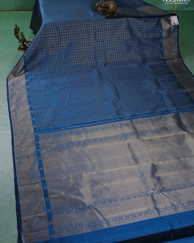 Pure kanchipuram silk saree peacock blue with allover zari checks and zari woven border