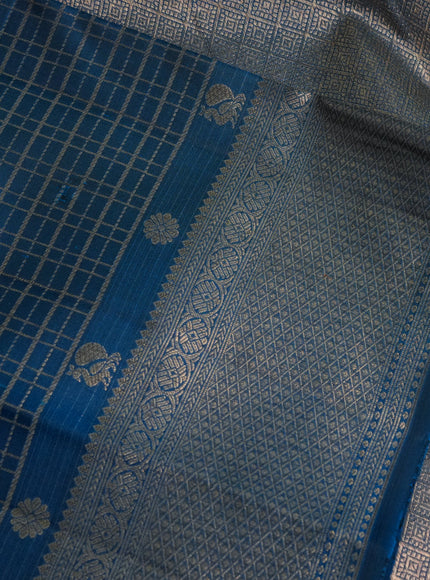 Pure kanchipuram silk saree peacock blue with allover zari checks and zari woven border