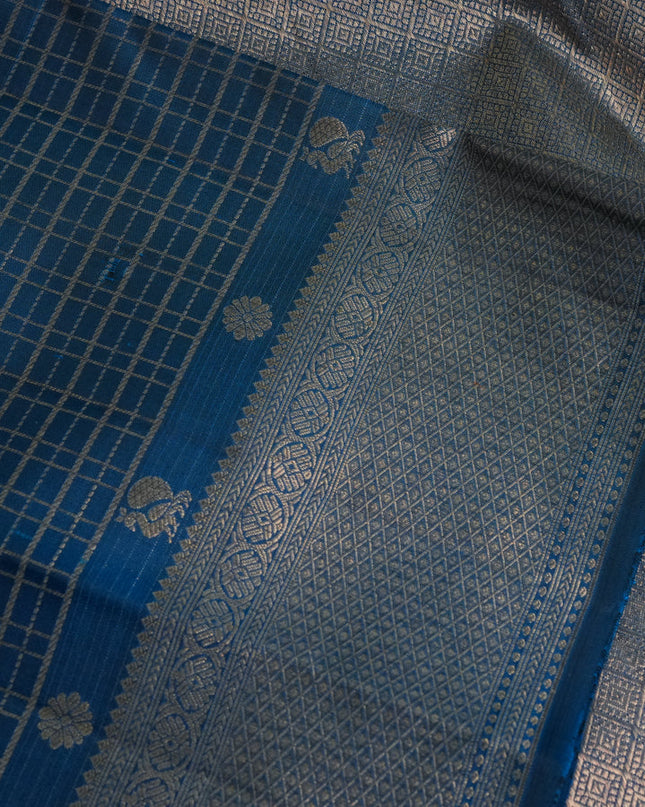 Pure kanchipuram silk saree peacock blue with allover zari checks and zari woven border
