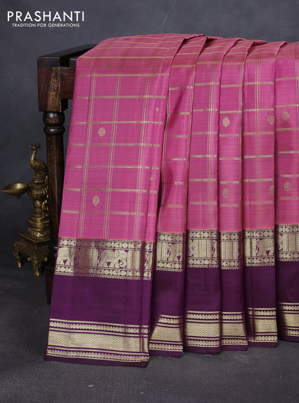 Pure kanchipuram silk saree light pink and deep wine with allover zari checks and rettapet zari woven border
