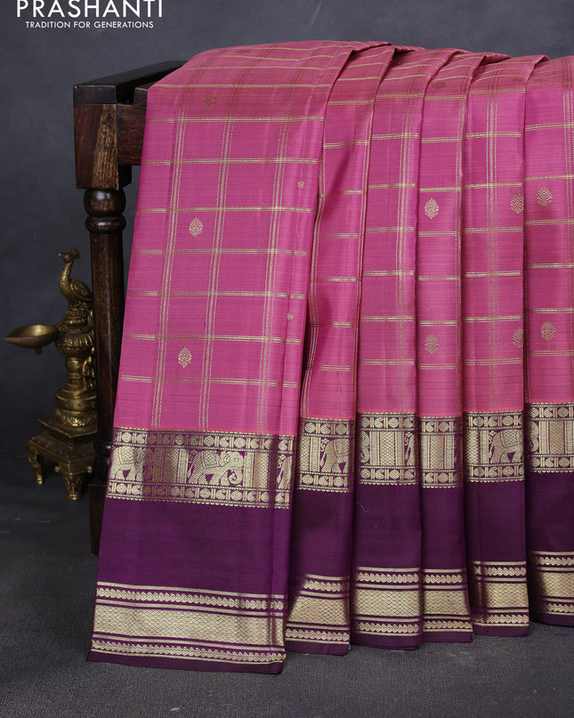 Pure kanchipuram silk saree light pink and deep wine with allover zari checks and rettapet zari woven border