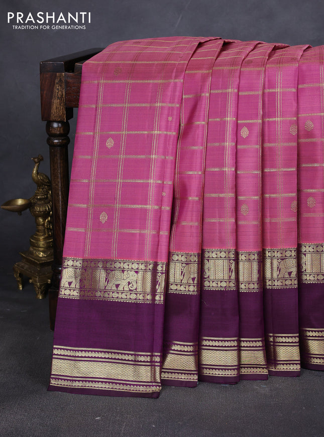 Pure kanchipuram silk saree light pink and deep wine with allover zari checks and rettapet zari woven border