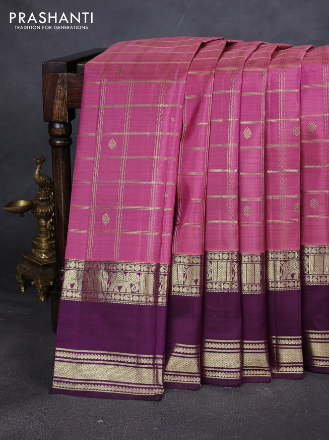 Pure kanchipuram silk saree light pink and deep wine with allover zari checks and rettapet zari woven border