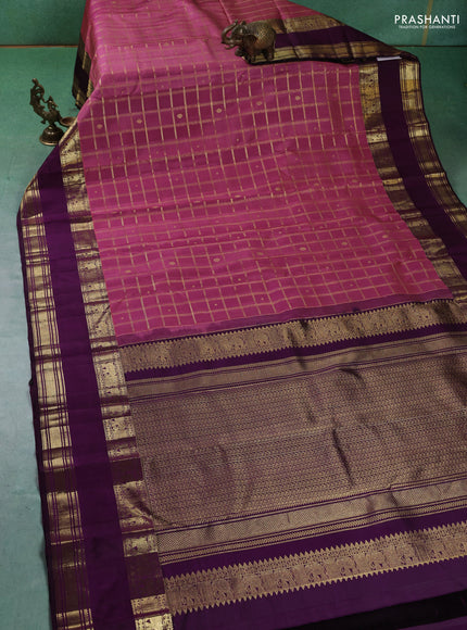 Pure kanchipuram silk saree light pink and deep wine with allover zari checks and rettapet zari woven border