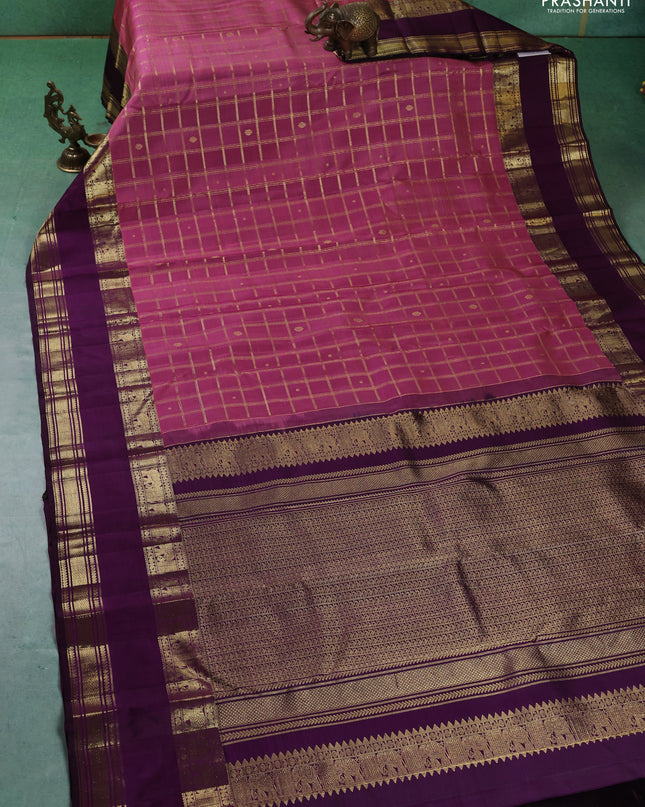 Pure kanchipuram silk saree light pink and deep wine with allover zari checks and rettapet zari woven border