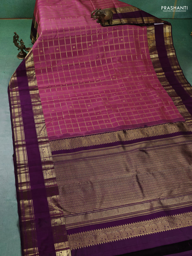 Pure kanchipuram silk saree light pink and deep wine with allover zari checks and rettapet zari woven border