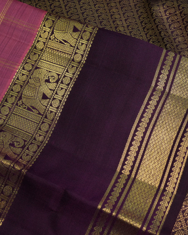 Pure kanchipuram silk saree light pink and deep wine with allover zari checks and rettapet zari woven border