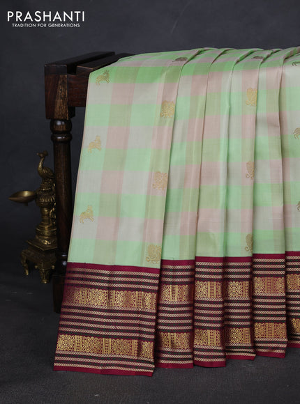 Pure kanchipuram silk saree multi colour and maroon with paalum pazham checks & buttas and woven borrder