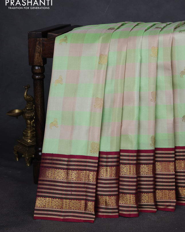 Pure kanchipuram silk saree multi colour and maroon with paalum pazham checks & buttas and woven borrder