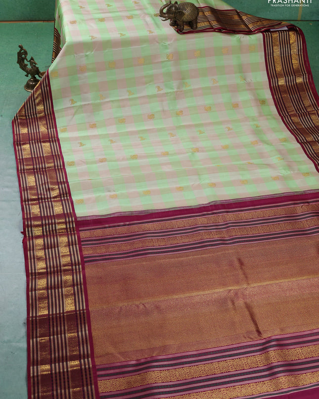 Pure kanchipuram silk saree multi colour and maroon with paalum pazham checks & buttas and woven borrder