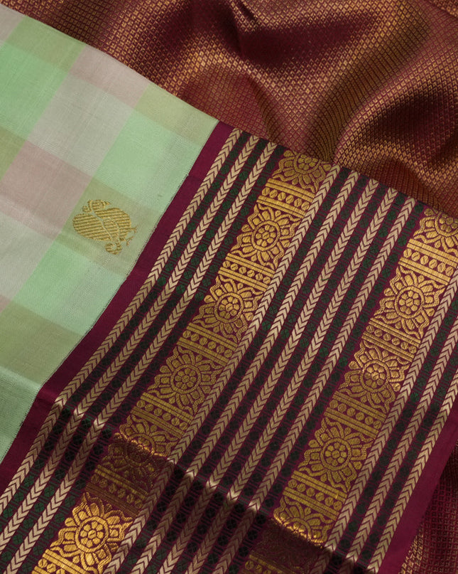 Pure kanchipuram silk saree multi colour and maroon with paalum pazham checks & buttas and woven borrder