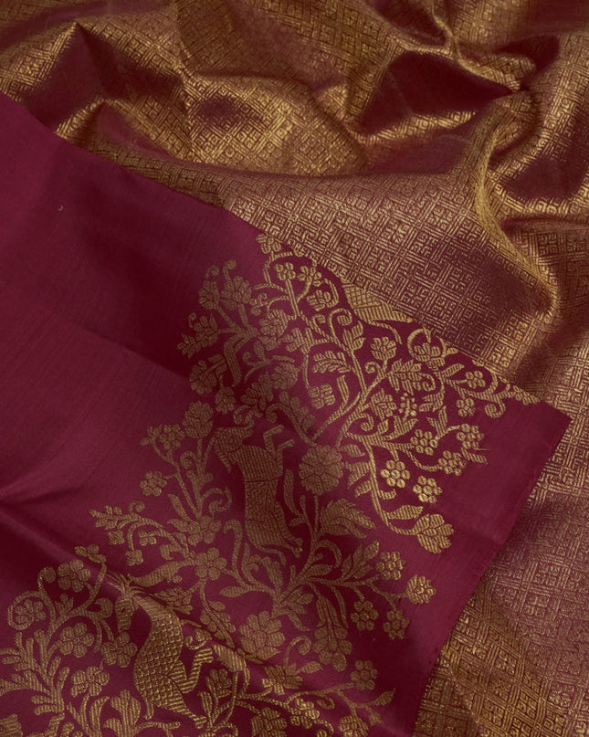 Pure kanchipuram silk saree red with plain body and rich zari woven border