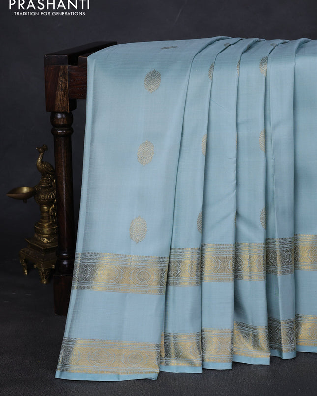 Pure kanchipuram silk saree pastel blue with zari woven buttas and rettapet zari woven border