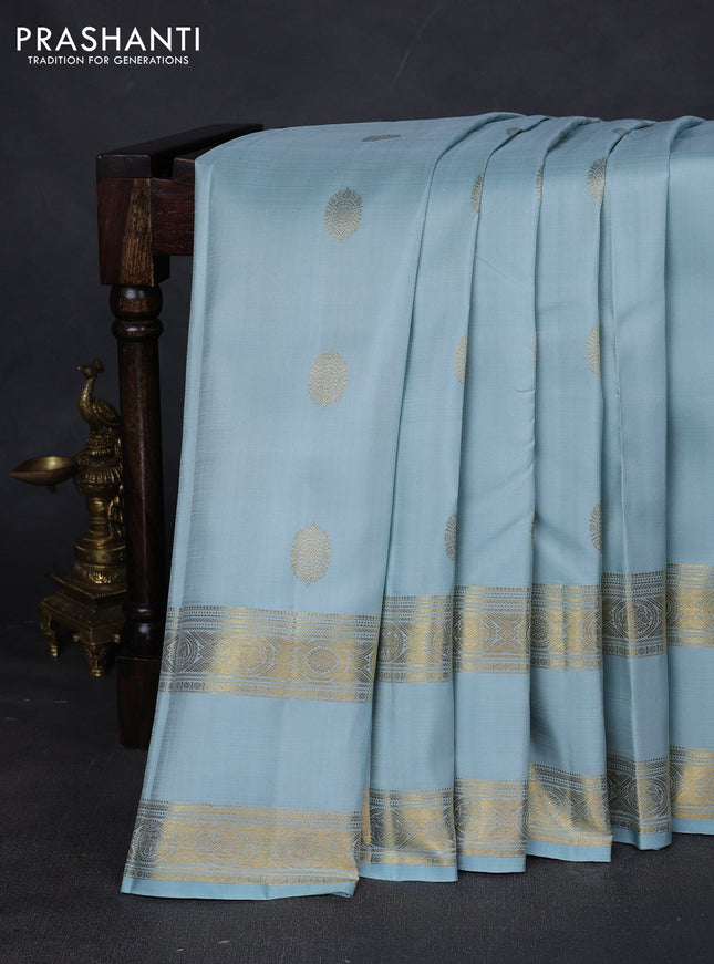 Pure kanchipuram silk saree pastel blue with zari woven buttas and rettapet zari woven border