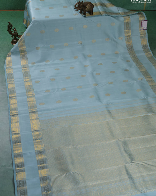 Pure kanchipuram silk saree pastel blue with zari woven buttas and rettapet zari woven border