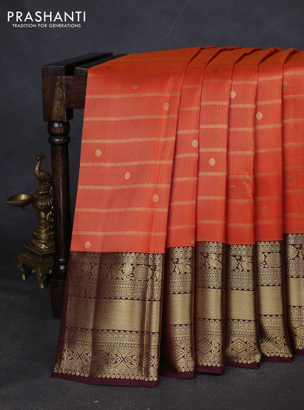 Pure kanchipuram silk saree orange and coffee brown with allover zari woven brocade weaves and zari woven border