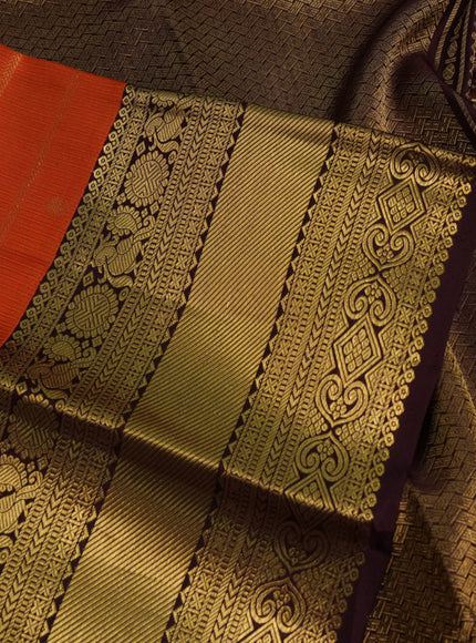 Pure kanchipuram silk saree orange and coffee brown with allover zari woven brocade weaves and zari woven border