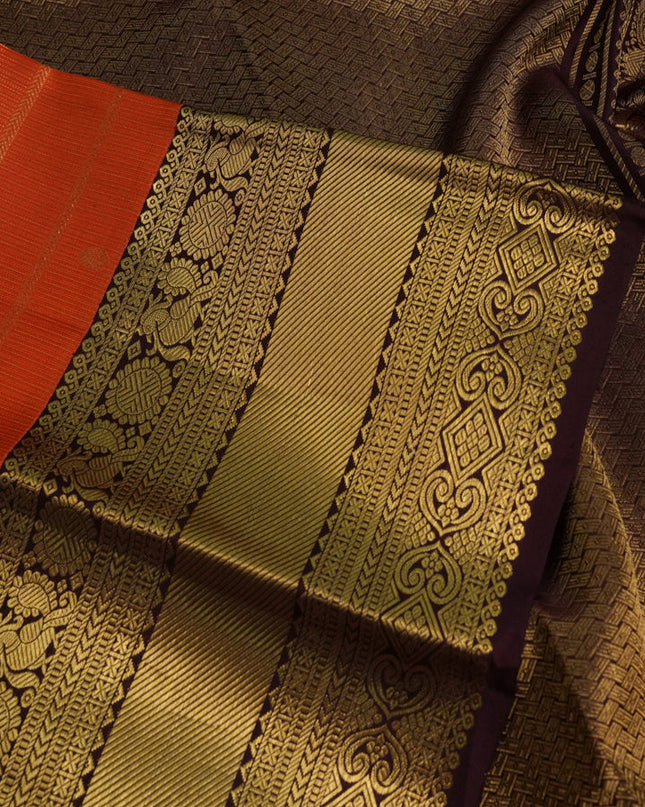 Pure kanchipuram silk saree orange and coffee brown with allover zari woven brocade weaves and zari woven border