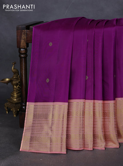 Pure kanchipuram silk saree purple and peach orange with zari woven buttas and long zari woven korvai border