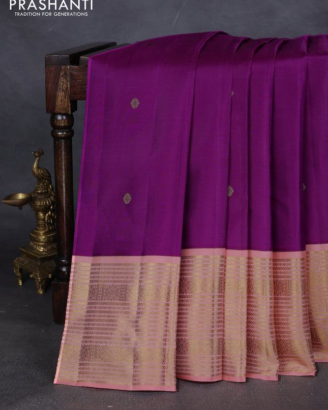 Pure kanchipuram silk saree purple and peach orange with zari woven buttas and long zari woven korvai border