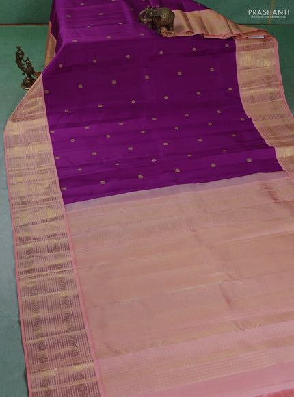 Pure kanchipuram silk saree purple and peach orange with zari woven buttas and long zari woven korvai border