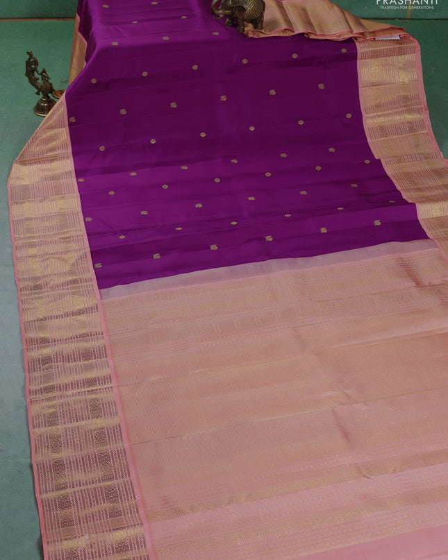 Pure kanchipuram silk saree purple and peach orange with zari woven buttas and long zari woven korvai border