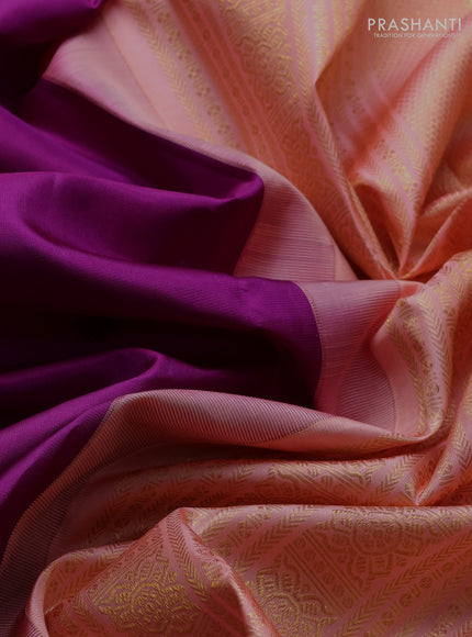 Pure kanchipuram silk saree purple and peach orange with zari woven buttas and long zari woven korvai border