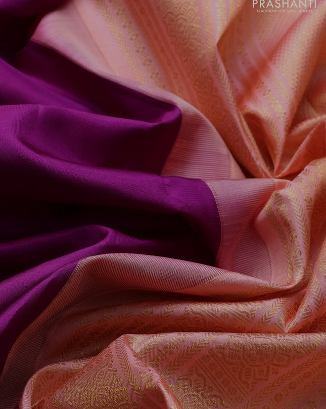Pure kanchipuram silk saree purple and peach orange with zari woven buttas and long zari woven korvai border