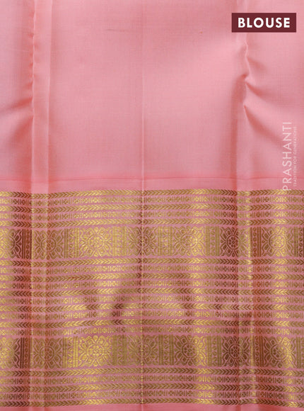 Pure kanchipuram silk saree purple and peach orange with zari woven buttas and long zari woven korvai border