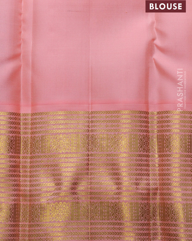 Pure kanchipuram silk saree purple and peach orange with zari woven buttas and long zari woven korvai border